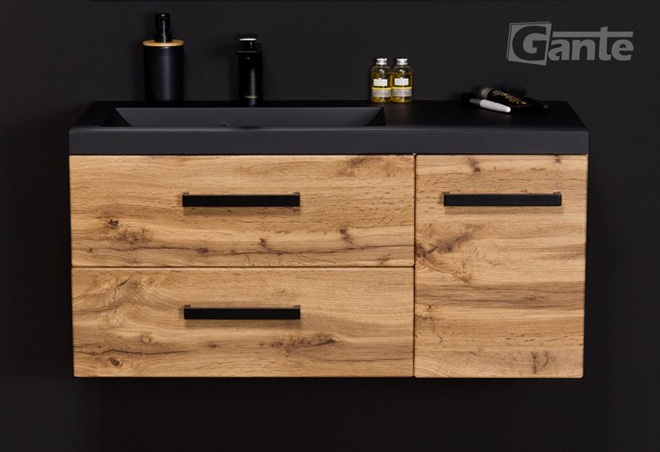 Szafka wisząca z czarną matową umywalką 90 cm kolor dąb naturalny 39/2 seria Fokus Loft Gante