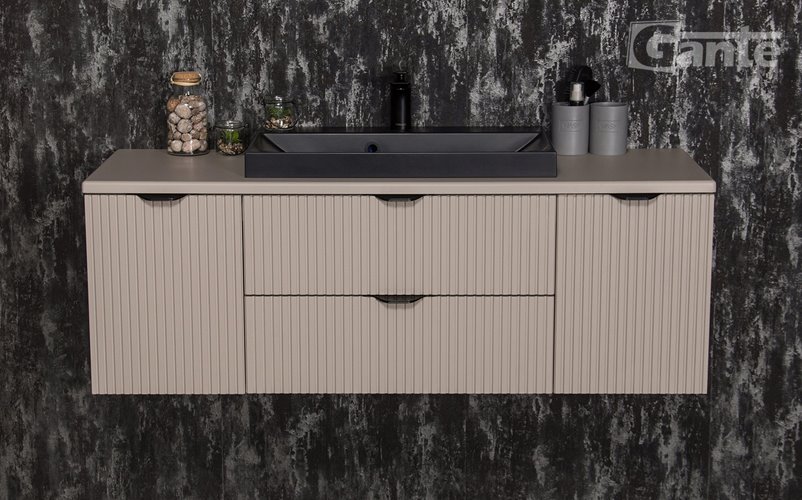 Szafka łazienkowa z lamelami wisząca z czarną nablatową umywalką 120 cm 39/2 Victa Lamello kolor fume mat