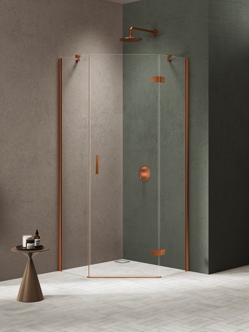 Kabina prysznicowa pięciokątna prawa drzwi uchylne kolor miedź szczotkowana 80x80 cm K-4680 New Trendy Nesta Copper Brushed