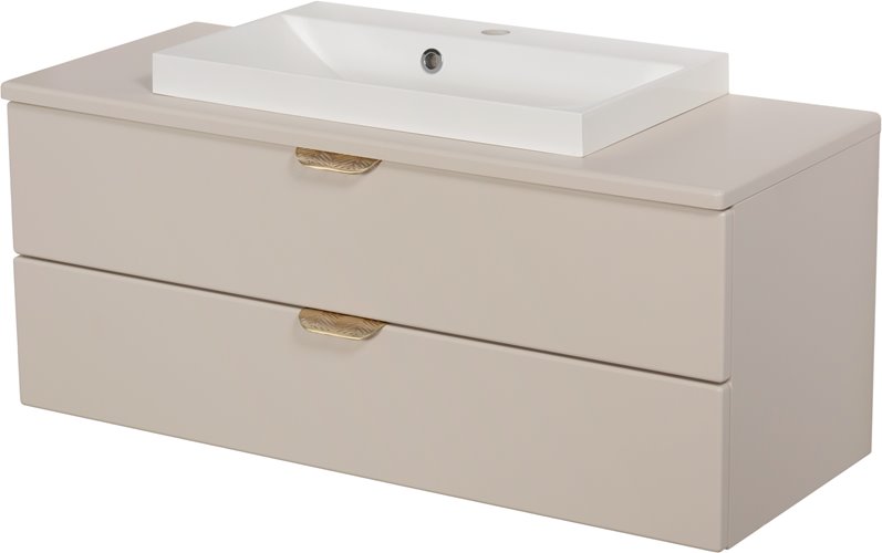 Szafka łazienkowa piaskowa z umywalką nablatową złoty uchwyt 100 cm Magnolia Gante