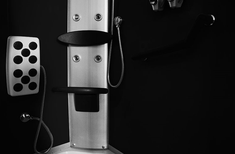 Kabina prysznicowa z hydromasażem na niskim brodziku czarne ścianki 120x85 prawa MO-18220