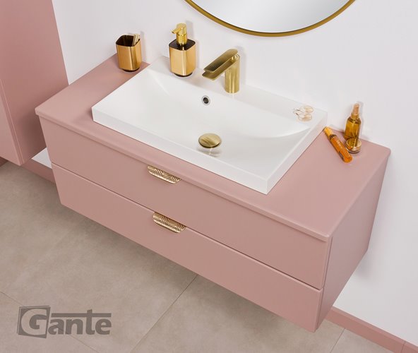 Szafka łazienkowa pudrowy róż z umywalką nablatową złoty uchwyt 100 cm Magnolia Gante