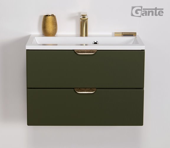 Oliwkowa szafka łazienkowa wisząca z umywalką złoty uchwyt 60 cm Magnolia