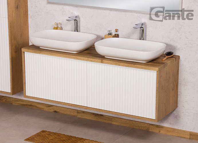 Szafka łazienkowa wisząca z umywalkami dąb naturalny/biały mat 140 cm Venus Gante