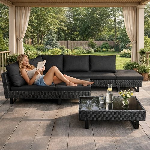 Zestaw mebli ogrodowych z technorattanu narożnik tarasowy Lime czarny zdjęcie 10