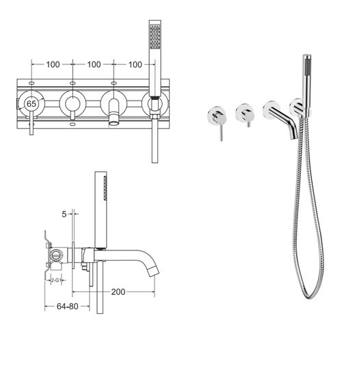 Bateria wannowa 4-otworowa ścienna podtynkowa chrom Veo Besco BW-V4P-CH