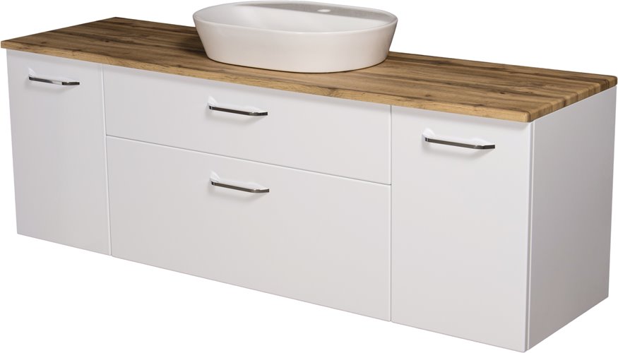 Szafka łazienkowa wisząca z umywalką nablatową i koszem 160 cm SETTO MODULO kolor biały połysk