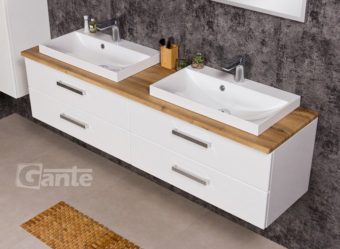 Szafka wisząca z dwiema umywalkami 160 cm blat dąb naturalny seria Fokus B