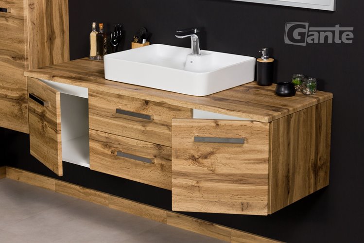 Szafka wisząca z umywalką nablatową kolor dąb naturalny 140 cm seria Fokus NE