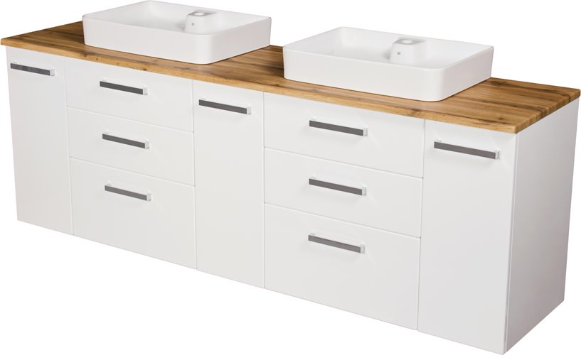 Szafka wisząca z dwiema umywalkami nablatowymi 210 cm z blatem w kolorze dąb naturalny 210/39/C3 seria Fokus B