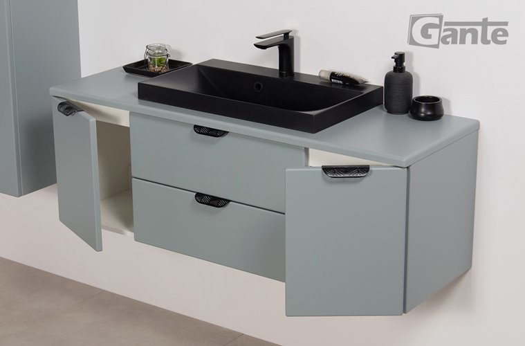 Miętowa szafka łazienkowa wisząca z czarną umywalką nablatową czarny uchwyt 120 cm Magnolia