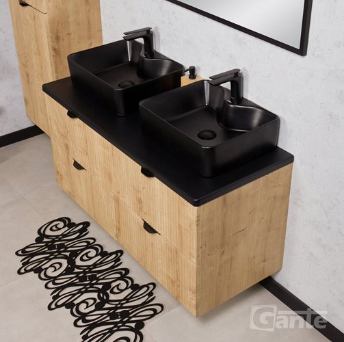 Szafka łazienkowa z dwiema czarnymi umywalkami wisząca dąb naturalny 120 cm Brendo Gante