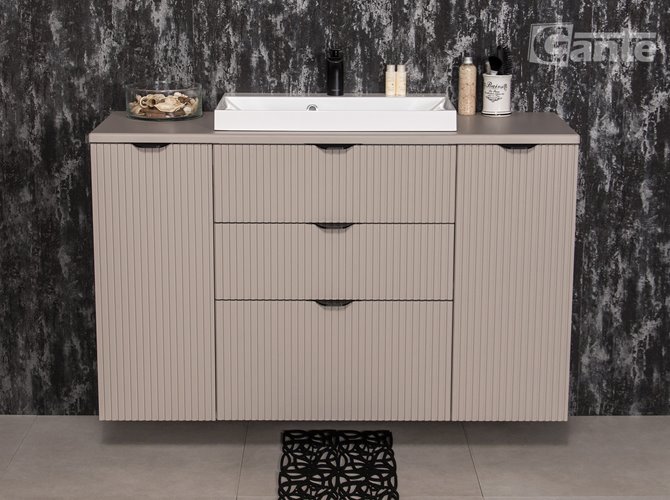 Szafka łazienkowa z lamelami wisząca z nablatową umywalką 120 cm 39/3 Victa Lamello kolor fume mat