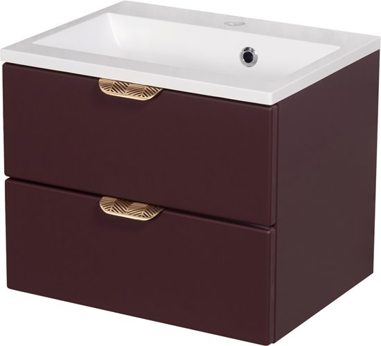 Burgundowa szafka łazienkowa wisząca z umywalką złoty uchwyt 50 cm Magnolia