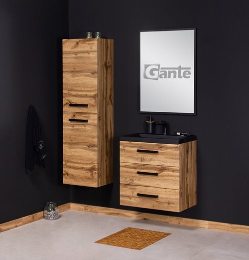 Szafka wisząca z czarną matową umywalką 60 cm kolor dąb naturalny 39/3 seria Fokus Loft Gante