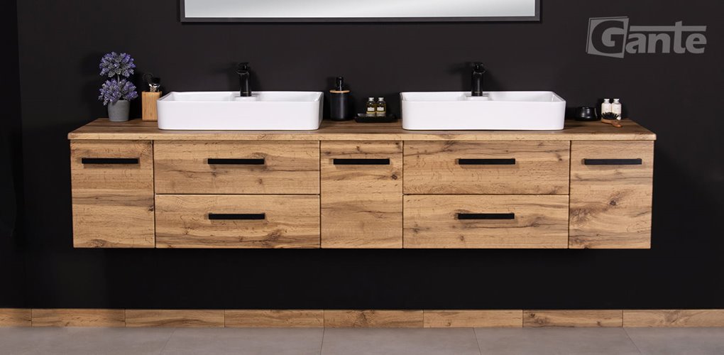 Szafka wisząca z dwiema umywalkami nablatowymi 210 cm 50/2 kolor dąb naturalny seria Fokus Loft Gante