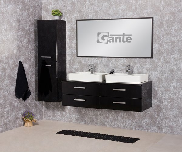 Czarna szafka wisząca z dwiema umywalkami 140 cm Luna seria Fokus C