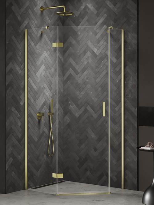 Kabina prysznicowa pięciokątna lewa drzwi uchylne kolor złoto połysk 100x80 cm K-4586 New Trendy Nesta Light Gold