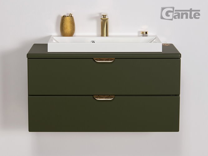 Oliwkowa szafka łazienkowa wisząca z białą umywalką nablatową złoty uchwyt 80 cm Magnolia