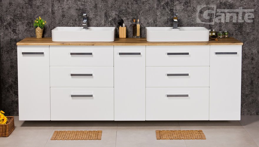 Szafka wisząca z dwiema umywalkami nablatowymi 210 cm z blatem w kolorze dąb naturalny 210/39/C3 seria Fokus B