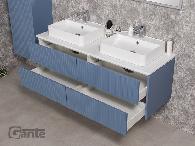 Szafka łazienkowa wisząca frezowana z umywalką 140 cm Mirage kolor niebieski mat