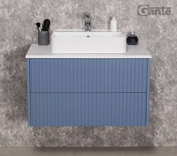 Szafka łazienkowa wisząca frezowana z umywalką 80 cm Mirage kolor niebieski mat