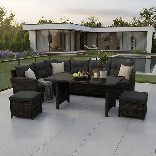 Zestaw mebli ogrodowych z technorattanu narożnik, stół, pufy Toledo brąz zdjęcie 2