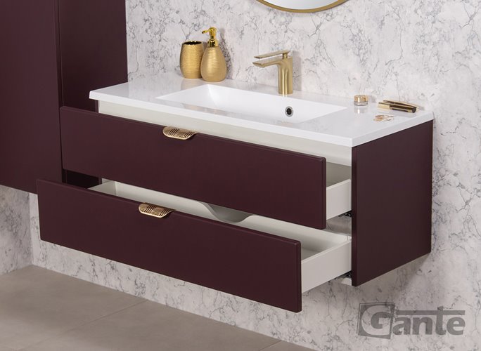 Szafka łazienkowa burgundowa z umywalką złoty uchwyt 100 cm Magnolia Gante