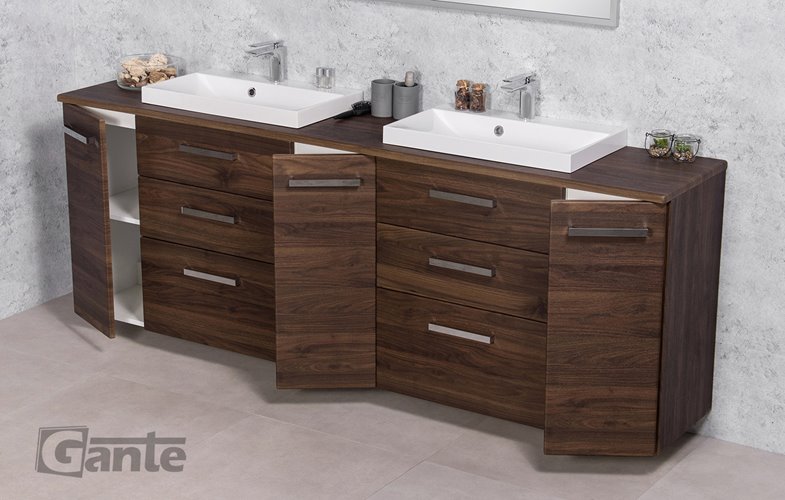 Szafka łazienkowa wisząca z dwiema umywalkami nablatowymi 210 cm 39/3 Fokus kolor orzech