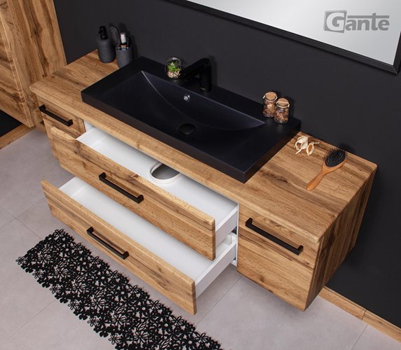 Szafka wisząca z czarną matową umywalką nablatową 140 cm kolor dąb naturalny seria Fokus Loft Gante
