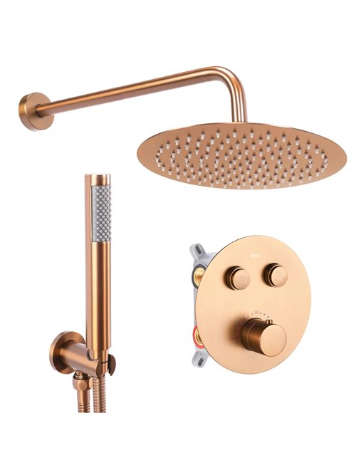 Miedź szczotkowana zestaw prysznicowy podtynkowy termostat box Lungo Rea