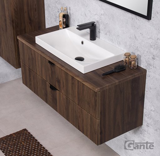 Szafka łazienkowa z lamelami wisząca z umywalką nablatową 100 cm 39/2 Victa Lamello kolor orzech