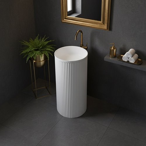 Umywalka wolnostojąca ceramiczna ryflowana okrągła biała 86x40 cm SCOT3-WH-WOF-860