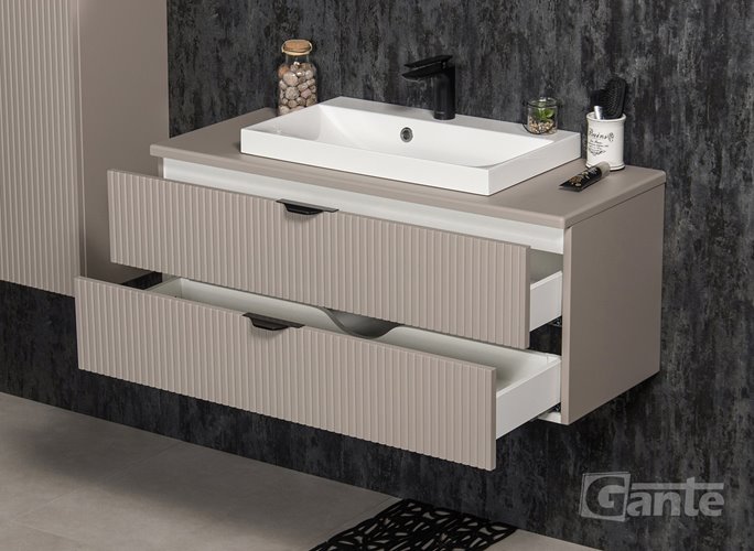 Szafka łazienkowa z lamelami wisząca z nablatową umywalką 100 cm 39/2 Victa Lamello kolor fume mat