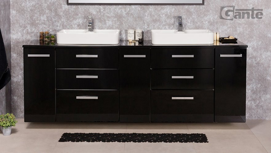 Czarna Szafka wisząca z dwiema umywalkami 210 cm LUNAC3 seria Fokus C