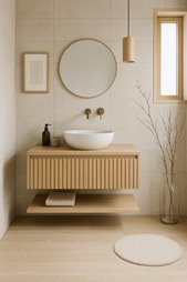 Łazienka w stylu japandi z jasnym drewnem, umywalką nablatową i minimalistycznym wystrojem