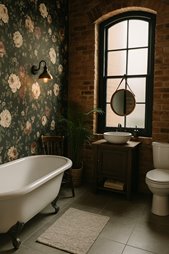 Eklektyczna łazienka z wolnostojącą wanną, patchworkowymi płytkami i nowoczesną umywalką