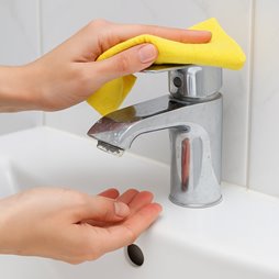 Czyszczenie baterii łazienkowej z osadu kamienia za pomocą ściereczki