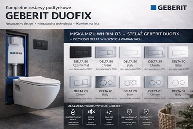 Nowoczesny zestaw podtynkowy Geberit Duofix z miską WC rimless oraz przyciskami spłukującymi Delta w kolorach czarny mat, chrom i biały