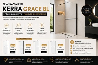 ścianka walk in Kerra Grace BL z półką na kosmetyki czarny profil 80 90 100 120 cm