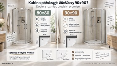 Grafika porównuje kabiny półokrągłe 80x80 i 90x90 w układzie łazienki,