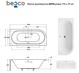 Wanna asymetryczna akrylowa Avita Besco 170 cm Prawa