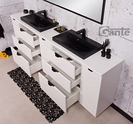 Biała matowa szafka łazienkowa z dwiema czarnymi umywalkami 210 cm Liv 2 Victa