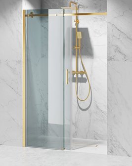 Drzwi prysznicowe rozsuwane prawe/lewe do wnęki 121-127 cm szkło 8mm przeźroczyste profile złoty mat Swiss Liniger