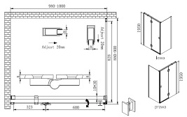 Kabina prostokątna szkło 8 mm, drzwi uchylne 90x100 Faro