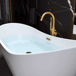 Wanna wolnostojąca biała przelew oraz korek złoty szczotkowany 150 cm Rica Hydrosan