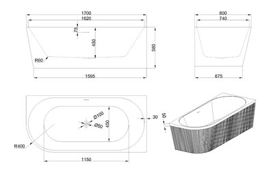 Ryflowana wanna narożna wolnostojąca przyścienna prawa 170 cm Glamour Invena AN-02-12P-M