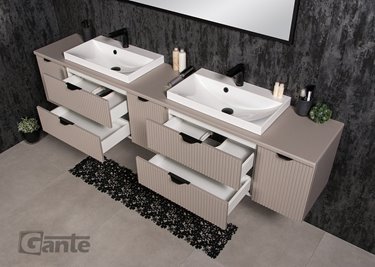 Szafka łazienkowa z lamelami wisząca z nablatowymi umywalkami 210 cm 39/2 Victa Lamello kolor fume mat