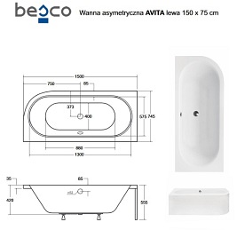 Wanna asymetryczna akrylowa Avita Besco 150 cm Lewa