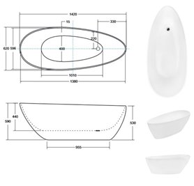 Czarno-biała wanna wolnostojąca z konglomeratu syfon biały Goya 142 B&W Besco WMD-140-GWW